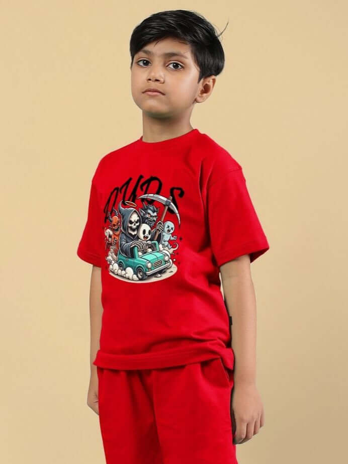 Child wearing SKELETON RIDER CAR PRINT T-SHIRT FOR BOYS AND GIRLS RED, featuring a bold skeleton design on a vibrant red background.