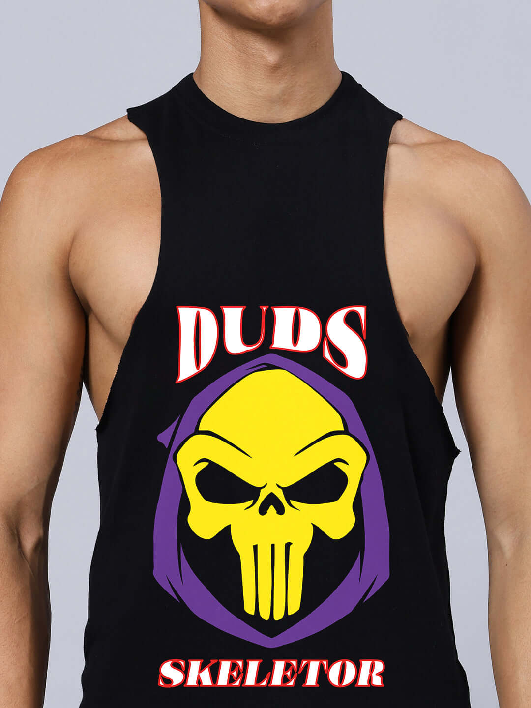 SKELETOR PRINTED GYM T-SHIRT BLACK featuring a yellow skull design, perfect for workout and fitness enthusiasts.