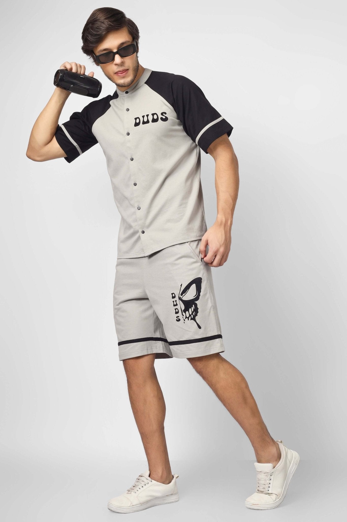 SKULL BUTTERFLY REGULAR FIT SHORTS GREY - SHORTS
