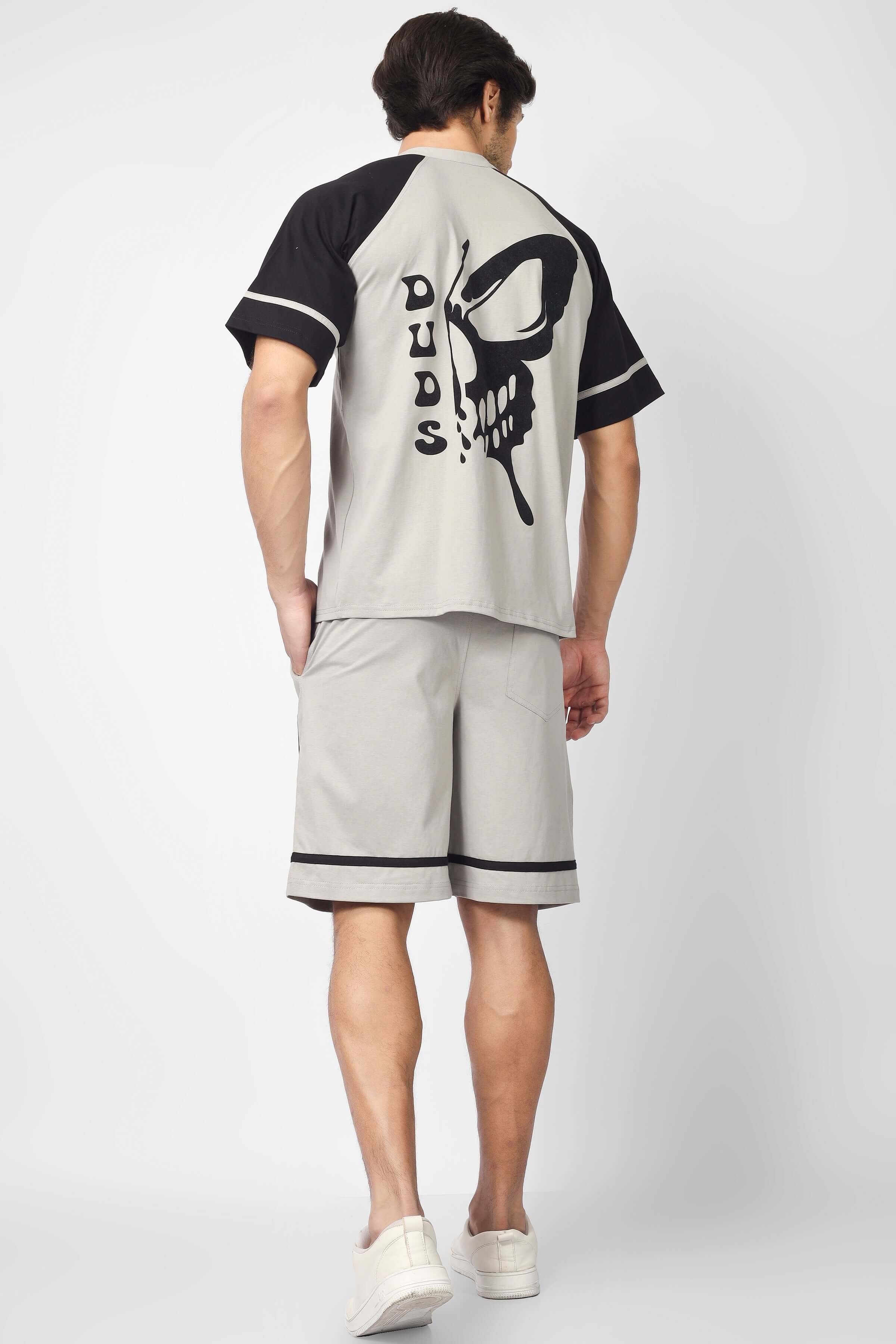 Grey skull butterfly shorts with custom fit option, featuring unique designs for a stylish and personalized wear.