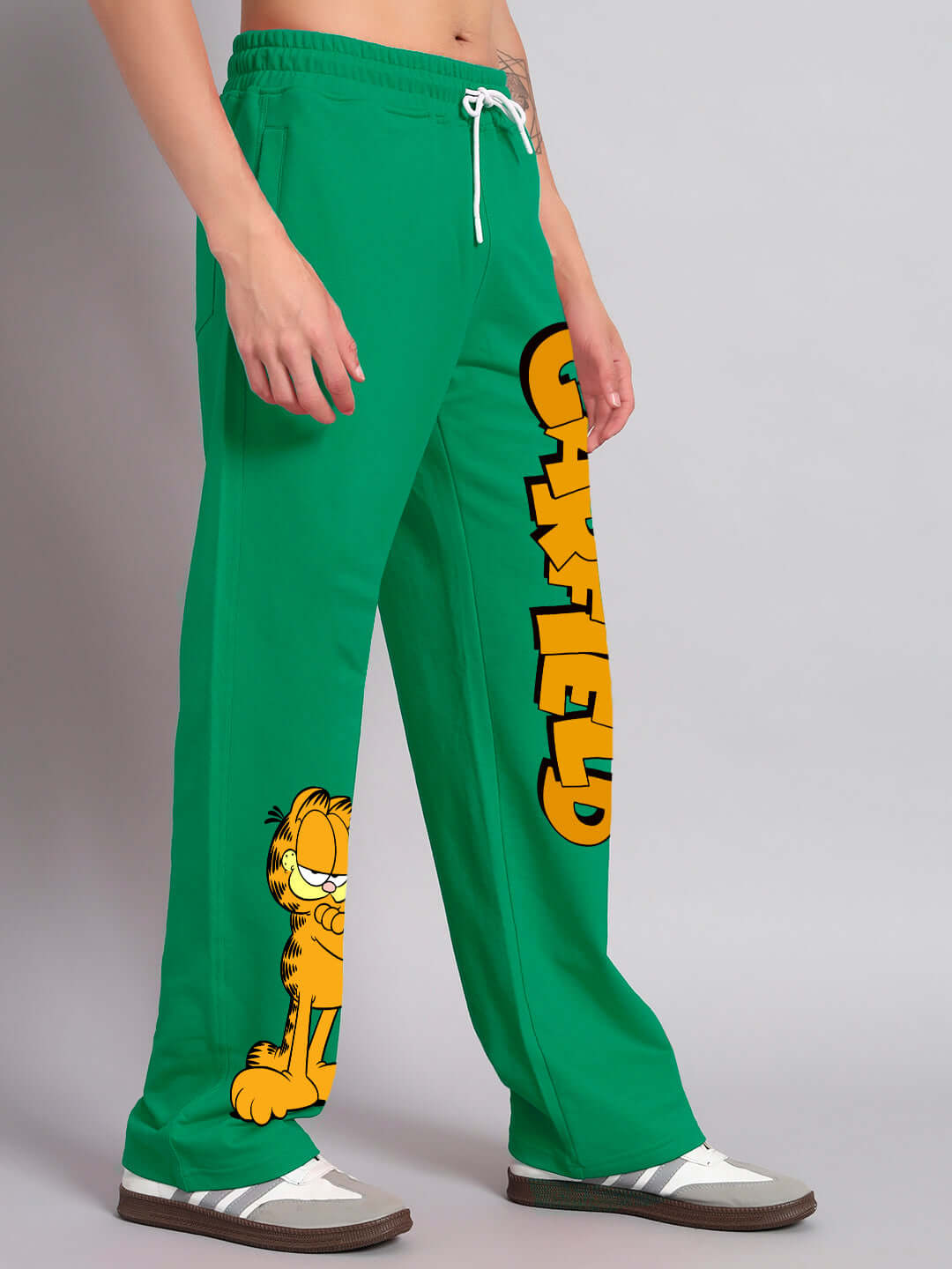 Green SMUG GARFIELD Relaxed Fit Jogger with cartoon print, customizable size options, made by DUDS tailors. Prepaid orders only.