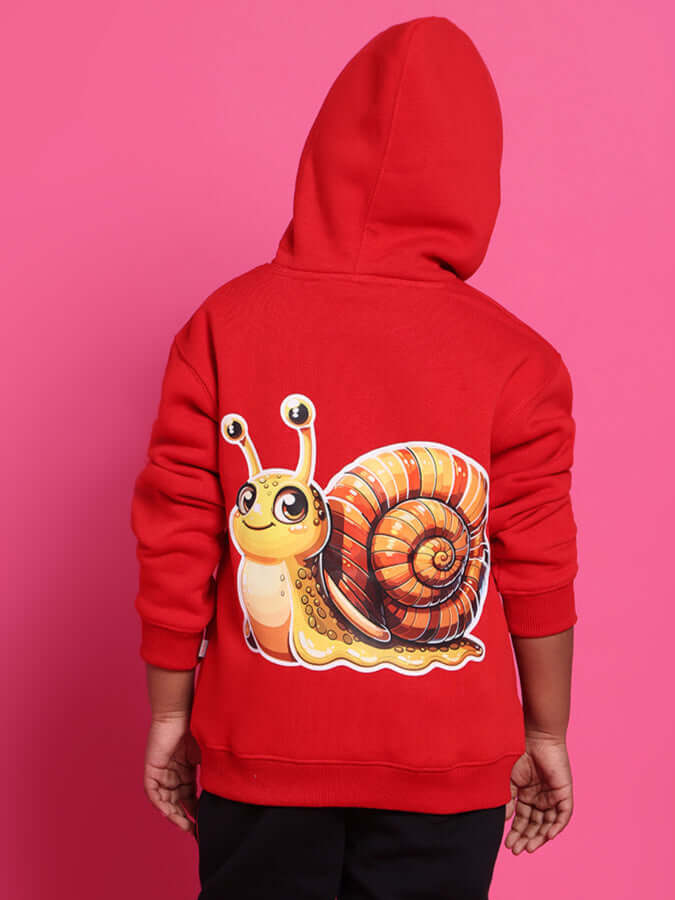 SNAIL OVERSIZED HOODIE BOYS & GIRLS RED with snail design on back against pink background.