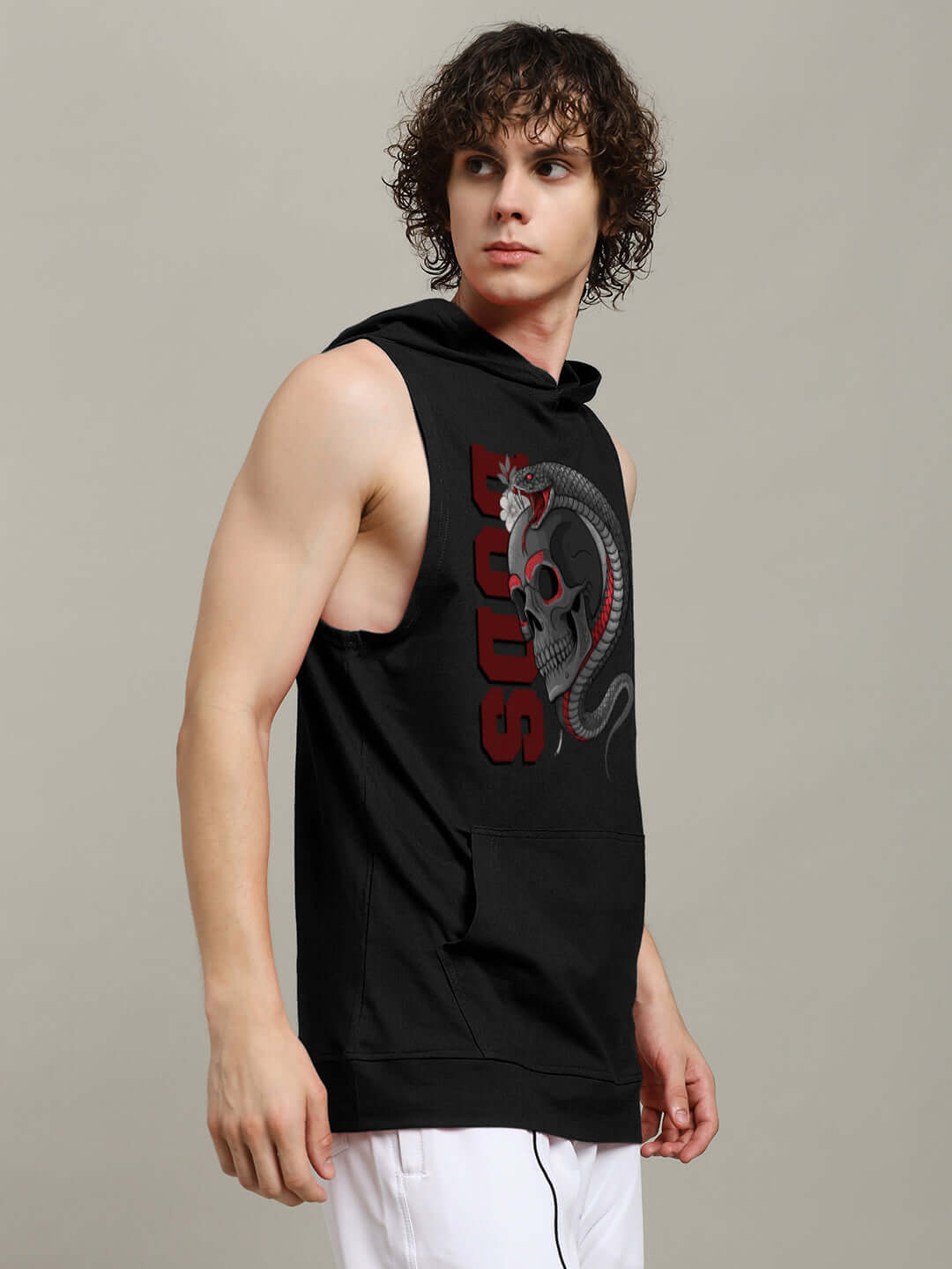 Black hooded gym t-shirt with snake and skull design modeled for a stylish, custom fit option.