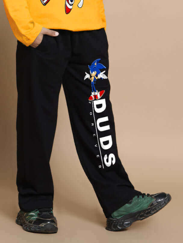 Yellow-black Sonic co-ord for boys & girls with character design on black pants by DUDS, custom fit available.