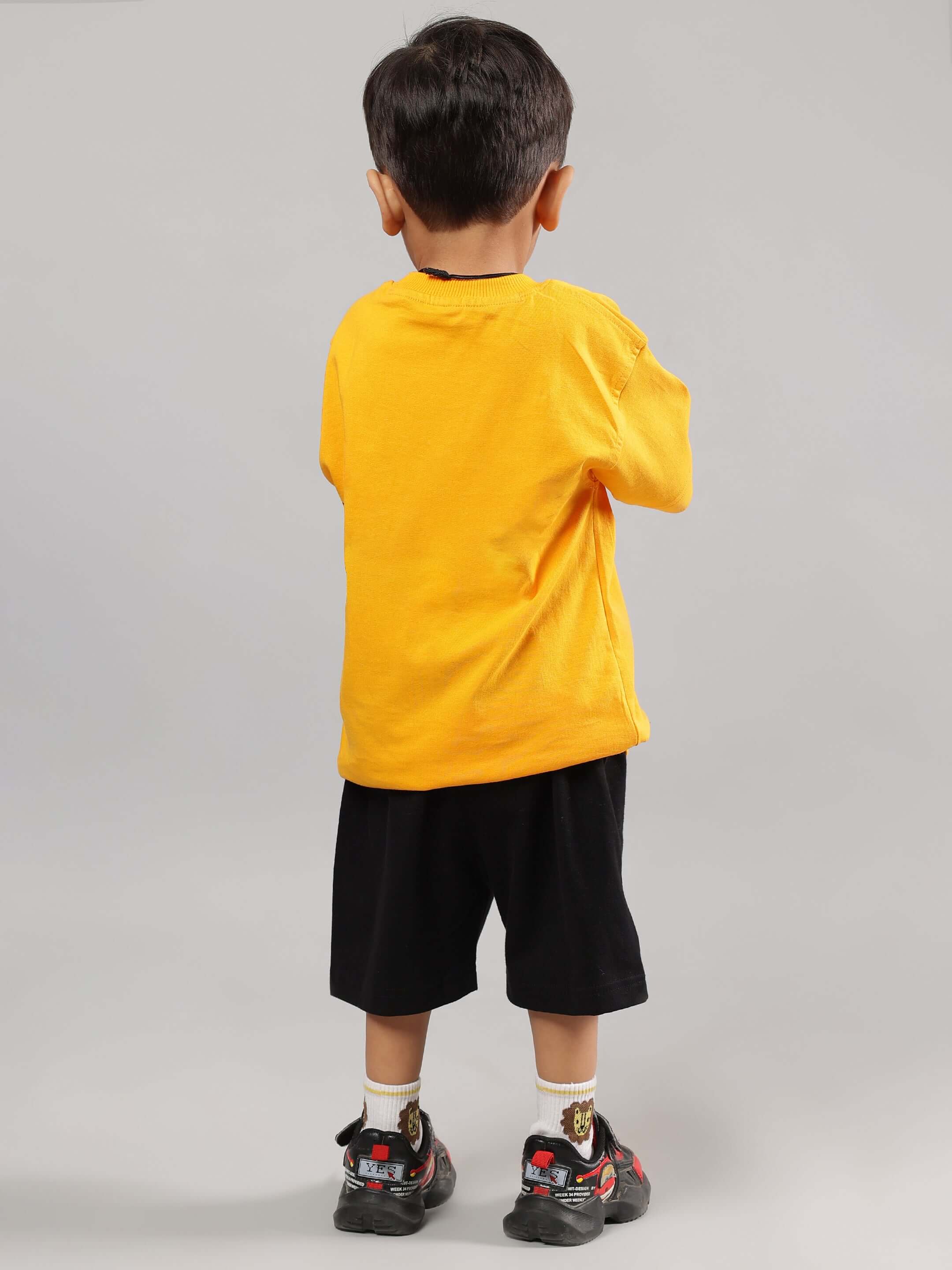 Back view of a child wearing the SONIC SUMMER CO-ORD FOR BOYS GIRLS YELLOW-BLACK outfit, showcasing vibrant summer fashion for kids.