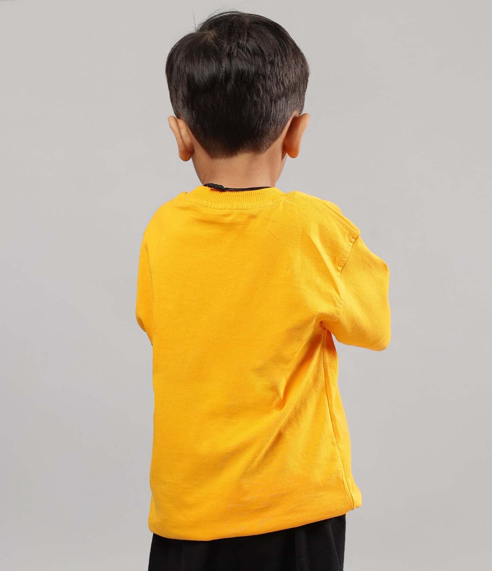 Alt Tag: Child wearing Sonic Summer yellow t-shirt for boys and girls, showcasing back design. Made to order by DUDS.