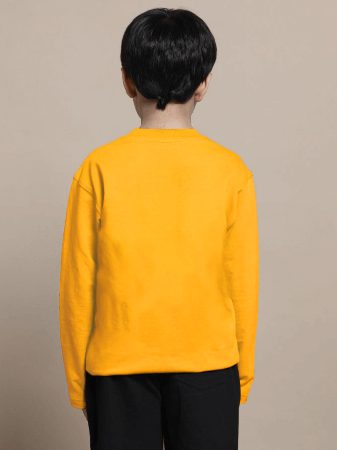 Child wearing yellow SONIC oversized sweatshirt for boys and girls, available for custom fit, back view.
