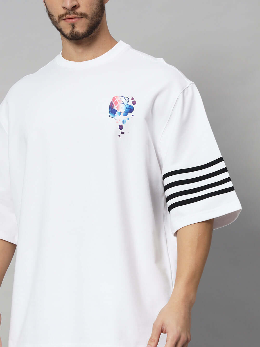 White SOUND SEASON Co-Ord Set with geometric print and striped sleeve, premium cotton fabric. Ideal for style and comfort.