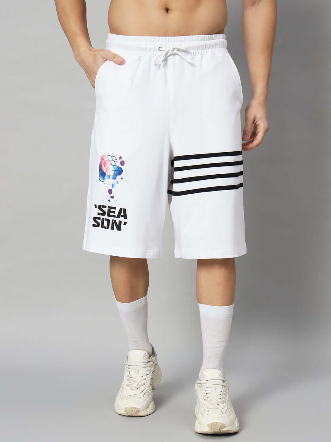 White SOUND SEASON co-ord shorts featuring premium cotton Terry Lycra, graphic print, and stripes, designed in India.