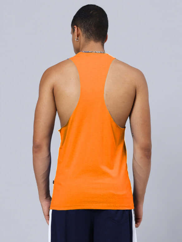 Back view of a man wearing an orange Spartan Warrior gym t-shirt with a customized fit option for enhanced comfort.