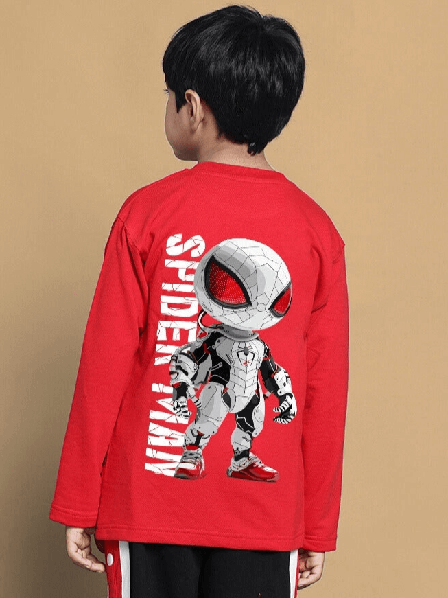 Alt Tag: Red SPIDERROBO sweatshirt for kids, featuring a superhero design, perfect for boys and girls.