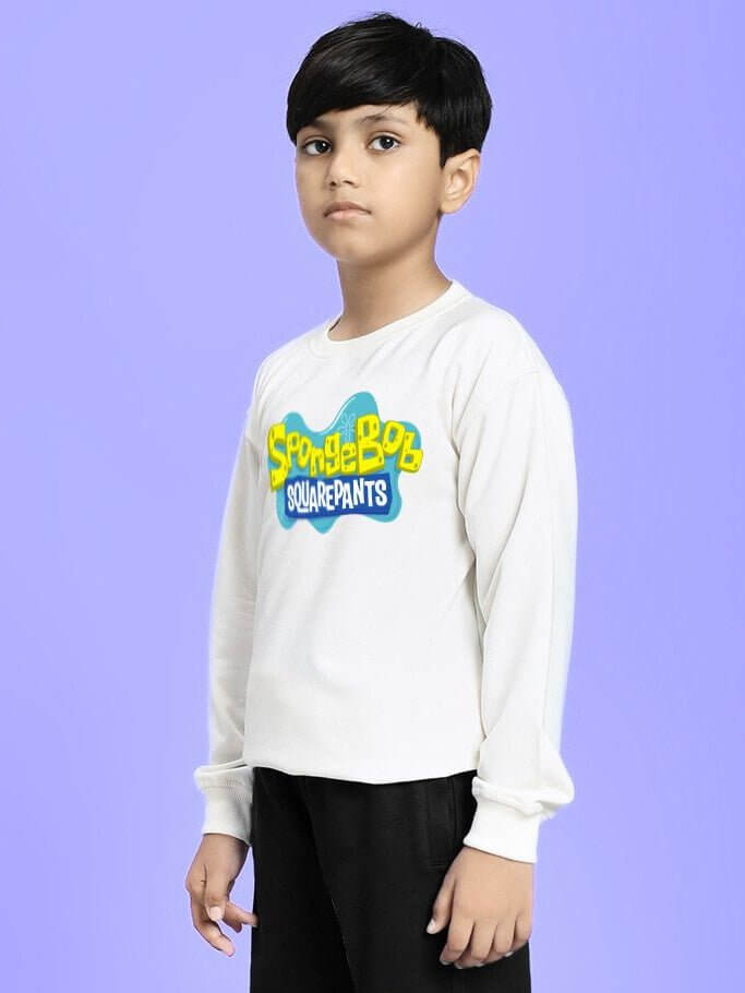 Child wearing SPONGEBOB SQUAREPANTS SWEATSHIRT FOR BOYS AND GIRLS WHITE with a playful nature-inspired style.