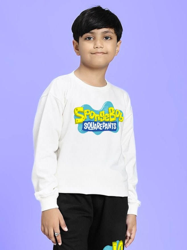 Child wearing SPONGEBOB SQUAREPANTS SWEATSHIRT FOR BOYS AND GIRLS WHITE with bird print against purple background