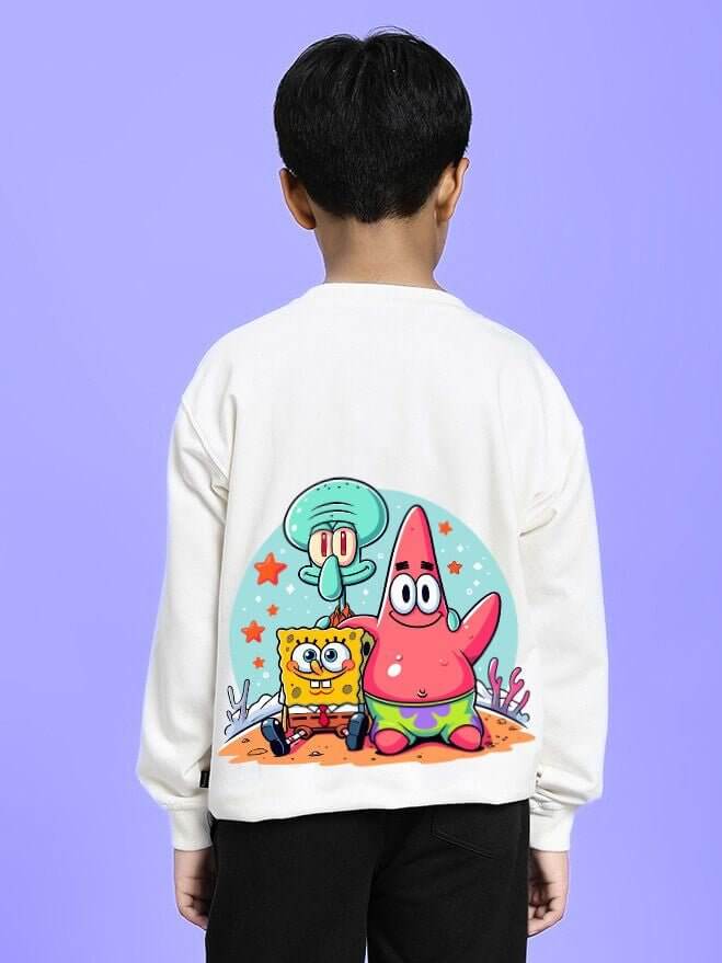 Child wearing SPONGEBOB SQUAREPANTS SWEATSHIRT FOR BOYS AND GIRLS WHITE with fun cartoon characters on purple background.