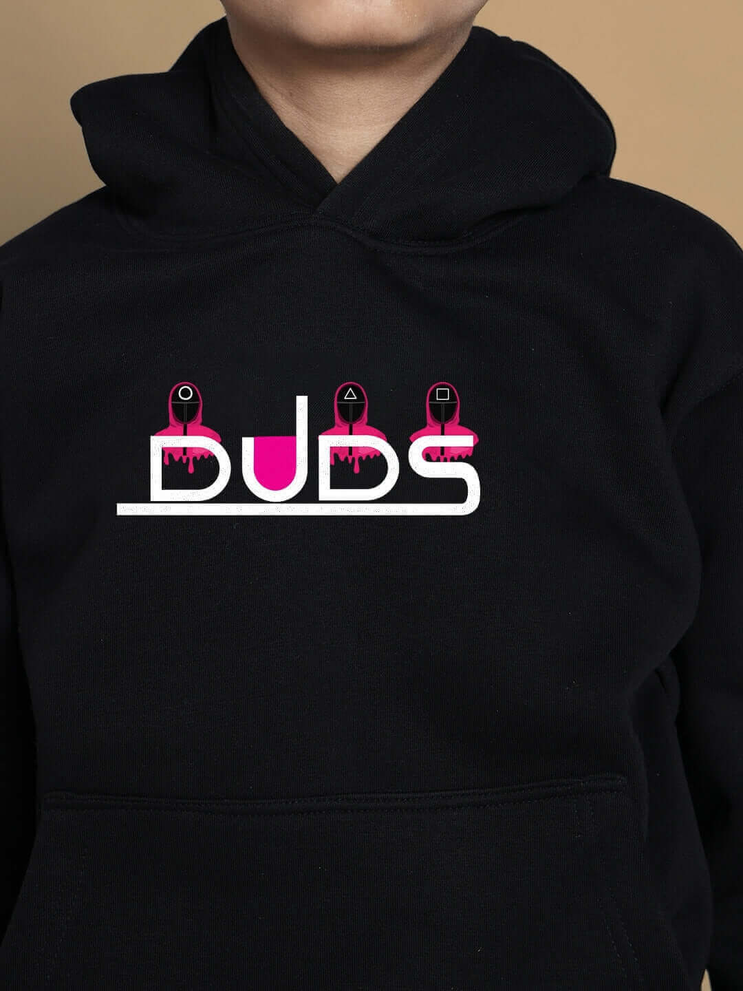 Child wearing SQUID BIRD FLEECE CO-ORD FOR BOYS GIRLS BLACK with playful squid bird design.