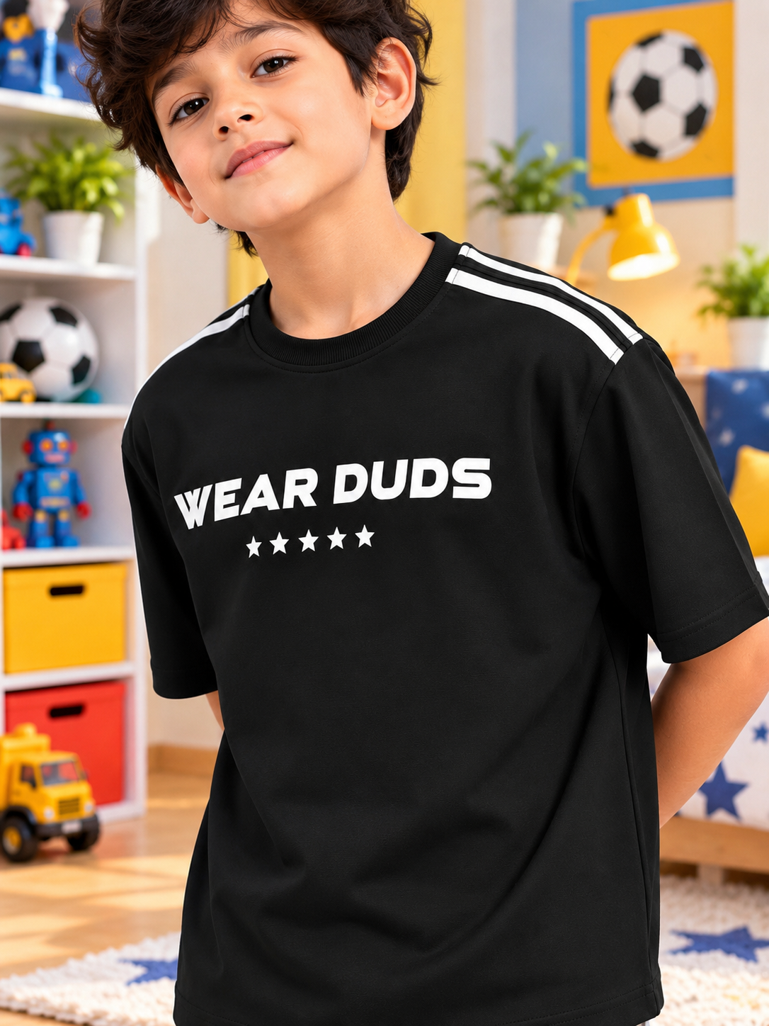 STAR JUMPER OVER-SIZED CO-ORD FOR BOYS GIRLS BLACK - stylish black tee worn by boy in playroom