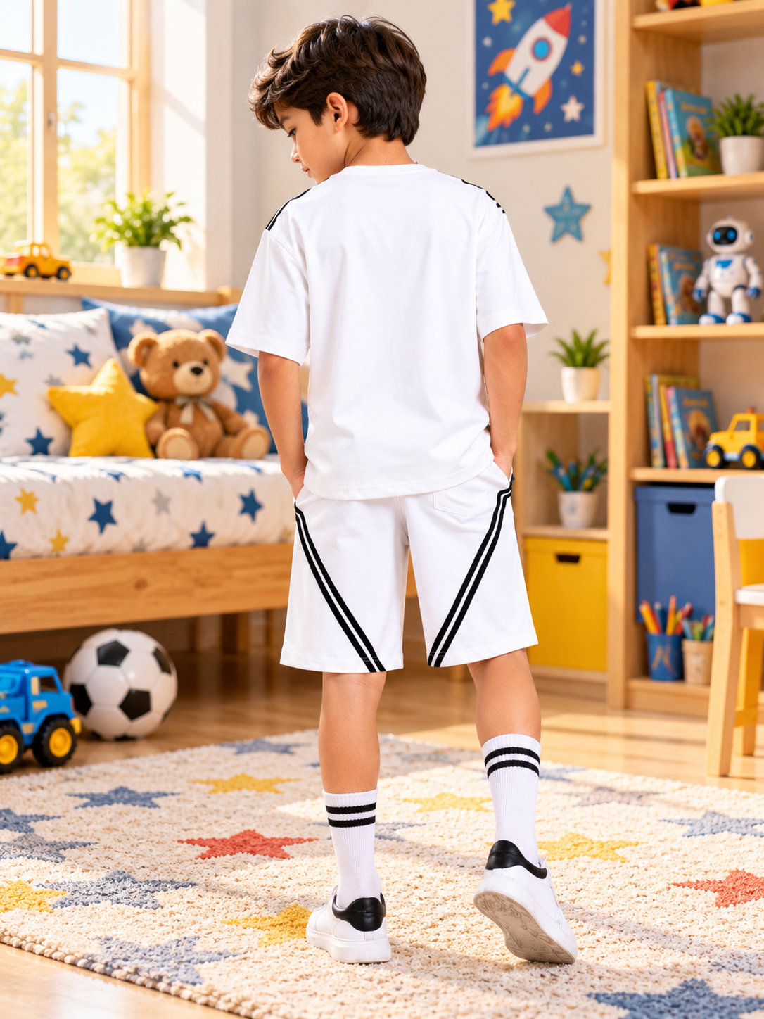 STAR JUMPER OVER-SIZED CO-ORD FOR BOYS GIRLS WHITE in a cozy kids bedroom, comfy casual outfit for playtime