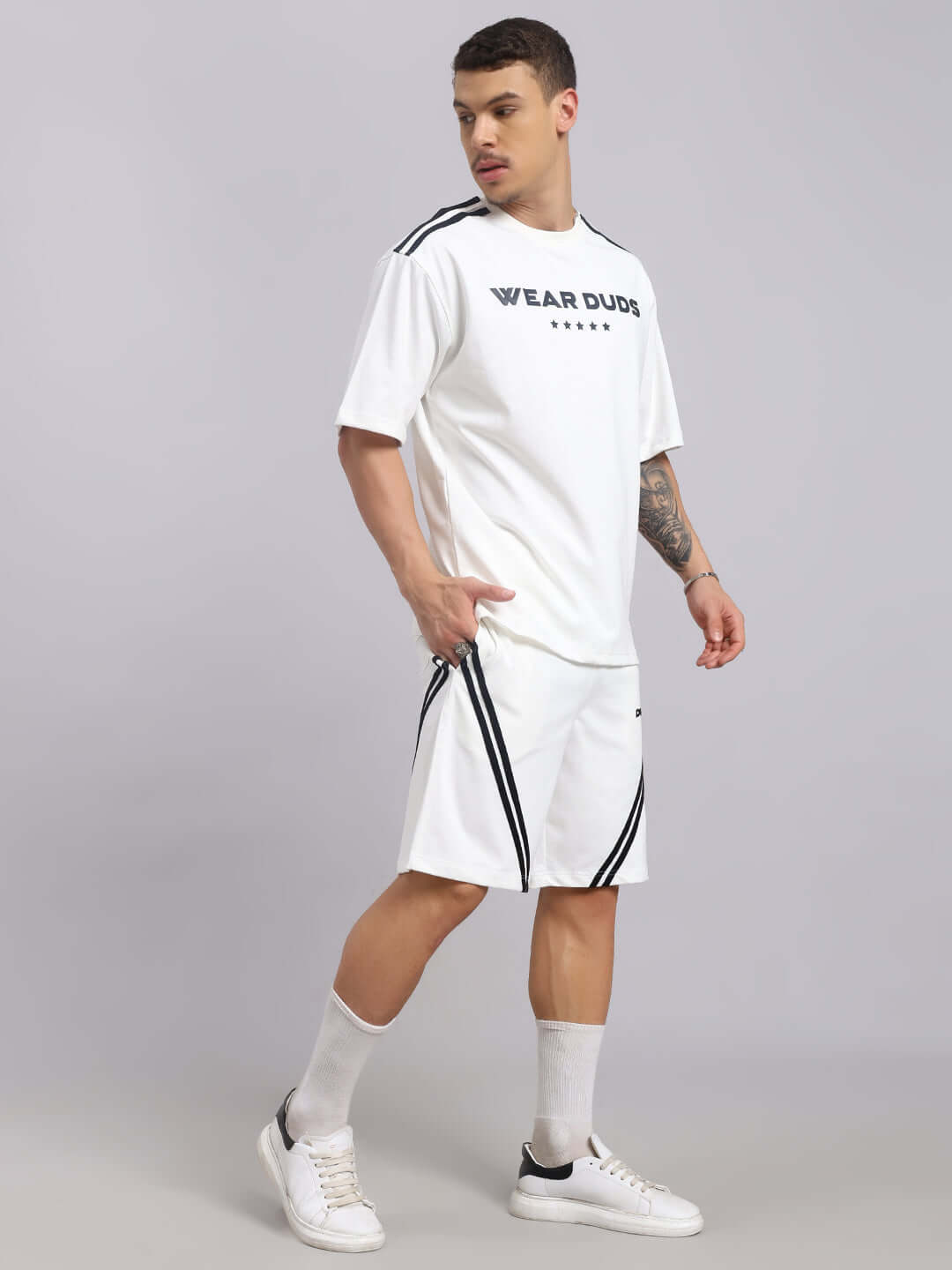 "Star Jumper Off White Summer Co-ord Set featuring premium cotton fabric, modeled for stylish comfort, perfect for warm weather wear."