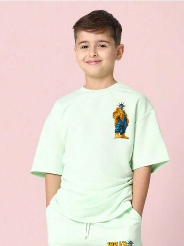 Boy wearing STATUE OF LIBERTY T-SHIRT FOR BOYS GIRLS MINT GREEN with stylish design.