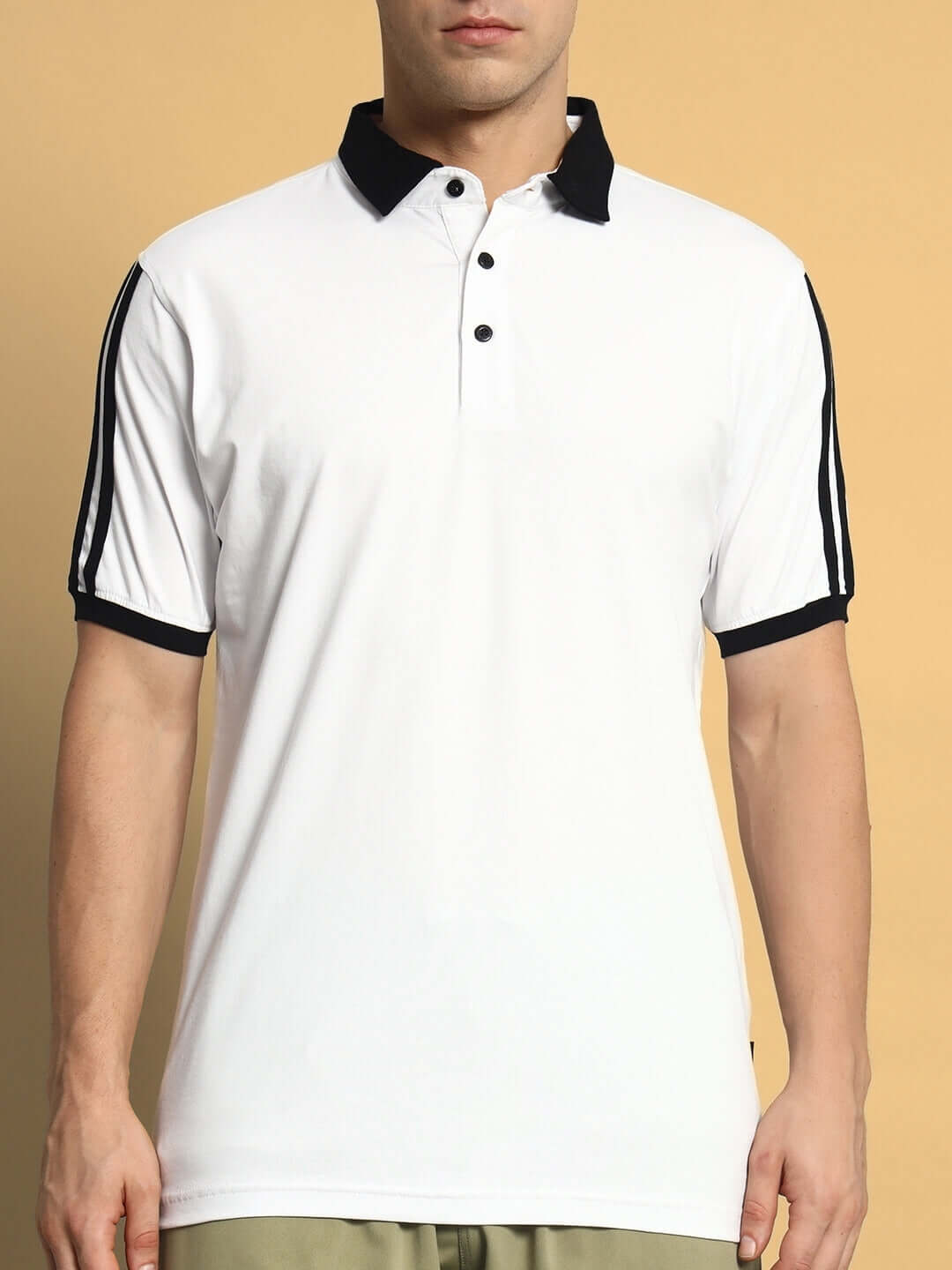 White Staunch Polo T-shirt, regular fit, half sleeves, 100% cotton, worn by model, comfortable for all-day wear, India-made.