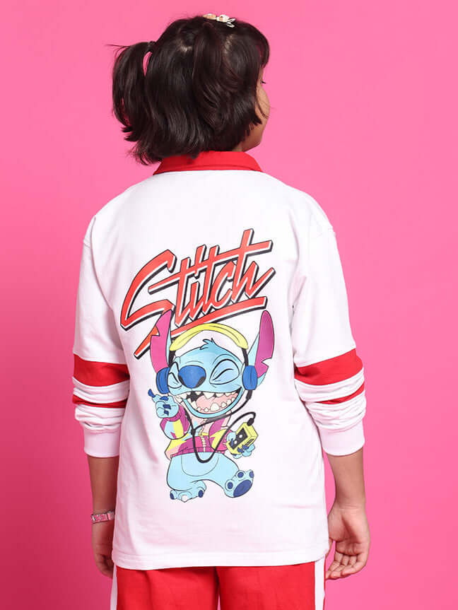 STITCH OVERSIZED SWEATSHIRT FOR BOYS GIRLS WHITE RED with colorful design on back, worn by a child