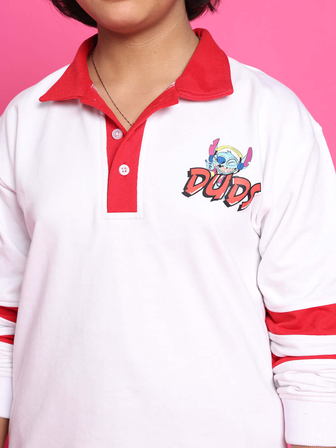 STITCH OVERSIZED SWEATSHIRT FOR BOYS GIRLS WHITE RED with red collar and logo detail.