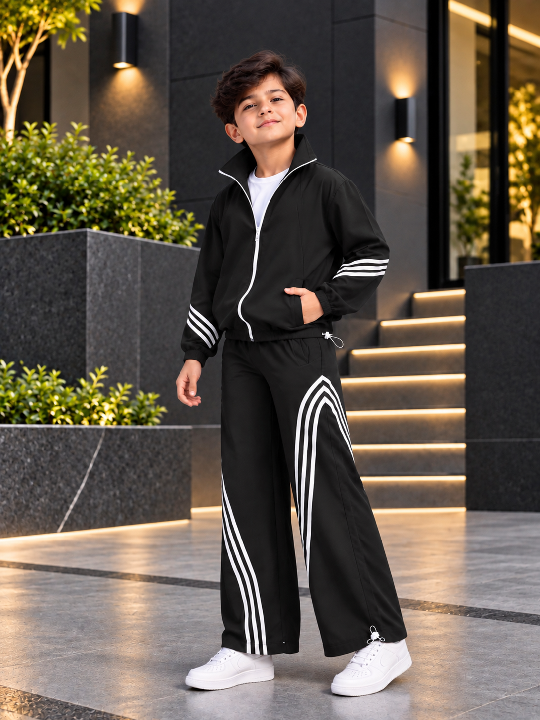 THREE STRIPE CO-ORD SET FULL ZIPPER FOR BOYS GIRLS BLACK worn by boy outdoors, sporty trendy matching outfit