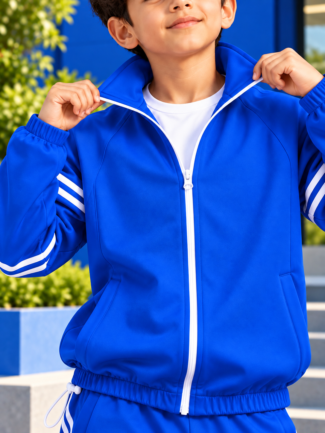 STREETWEAR THREE STRIPE CO-ORD SET FULL ZIPPER FOR KIDS BLUE worn by boy outdoors