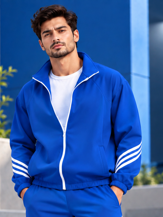 Man wearing STREETWEAR THREE STRIPE JACKET FULL ZIPPER BLUE with white t-shirt and matching track pants outdoors