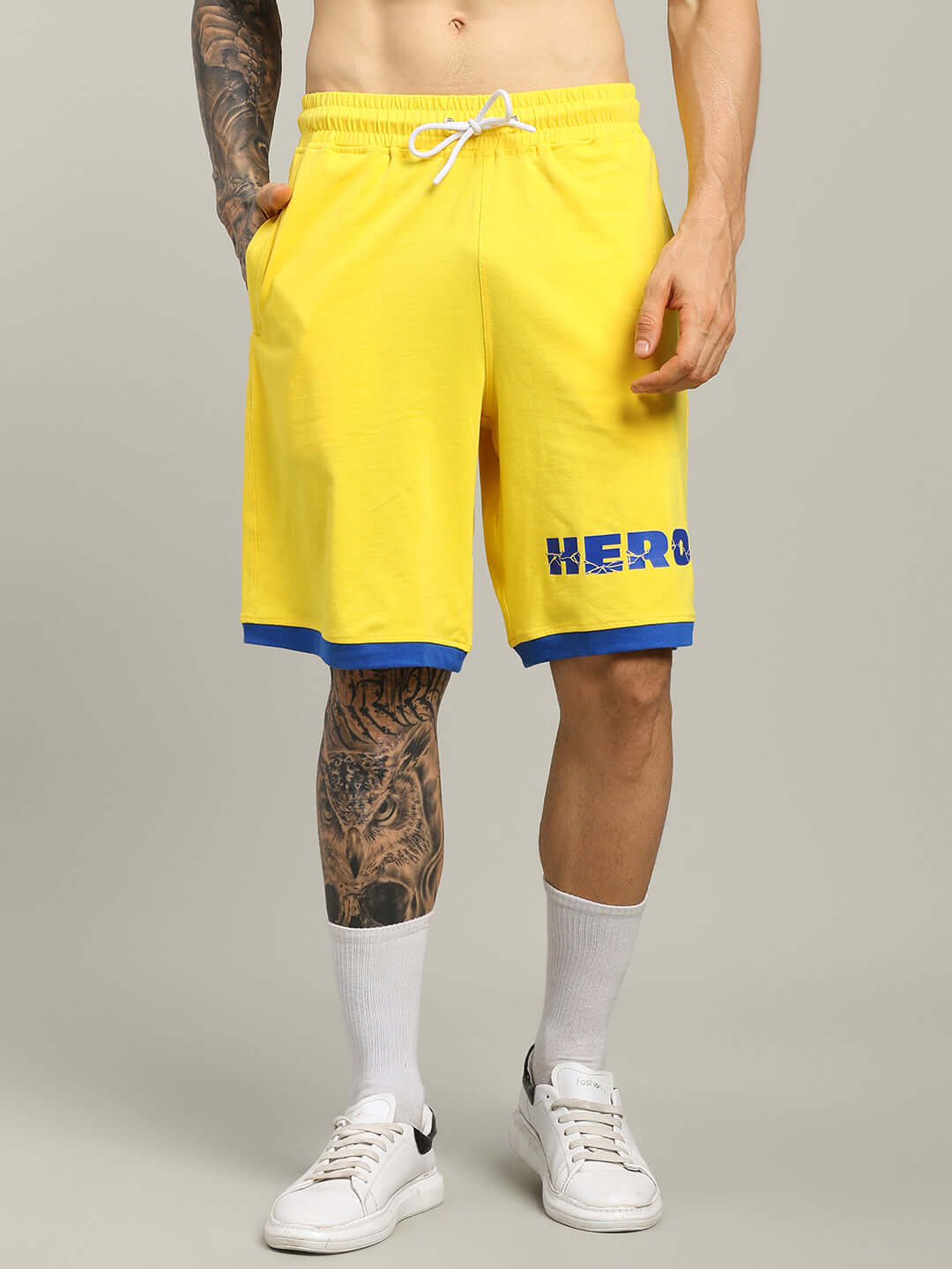 SUPER HERO SUMMER SHORTS YELLOW with custom fit option, featuring a vibrant design and intricate detailing for personalized comfort.