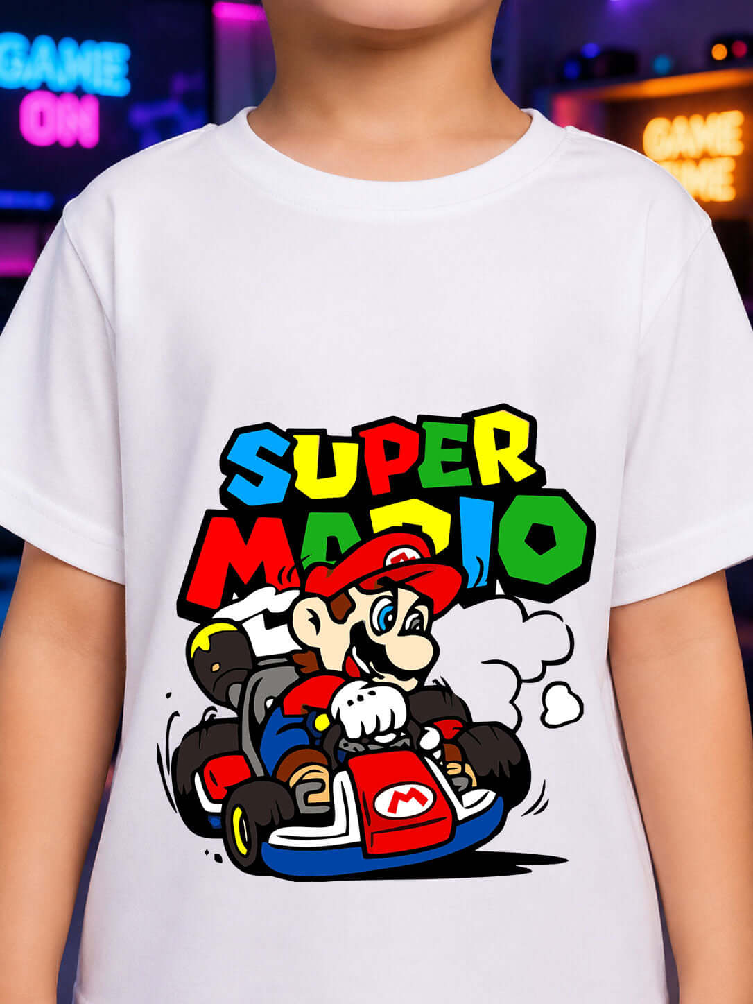 SUPER MARIO GRAPHIC T-SHIRT FOR BOYS GIRLS WHITE featuring Mario racing on a kart in colorful graphics.