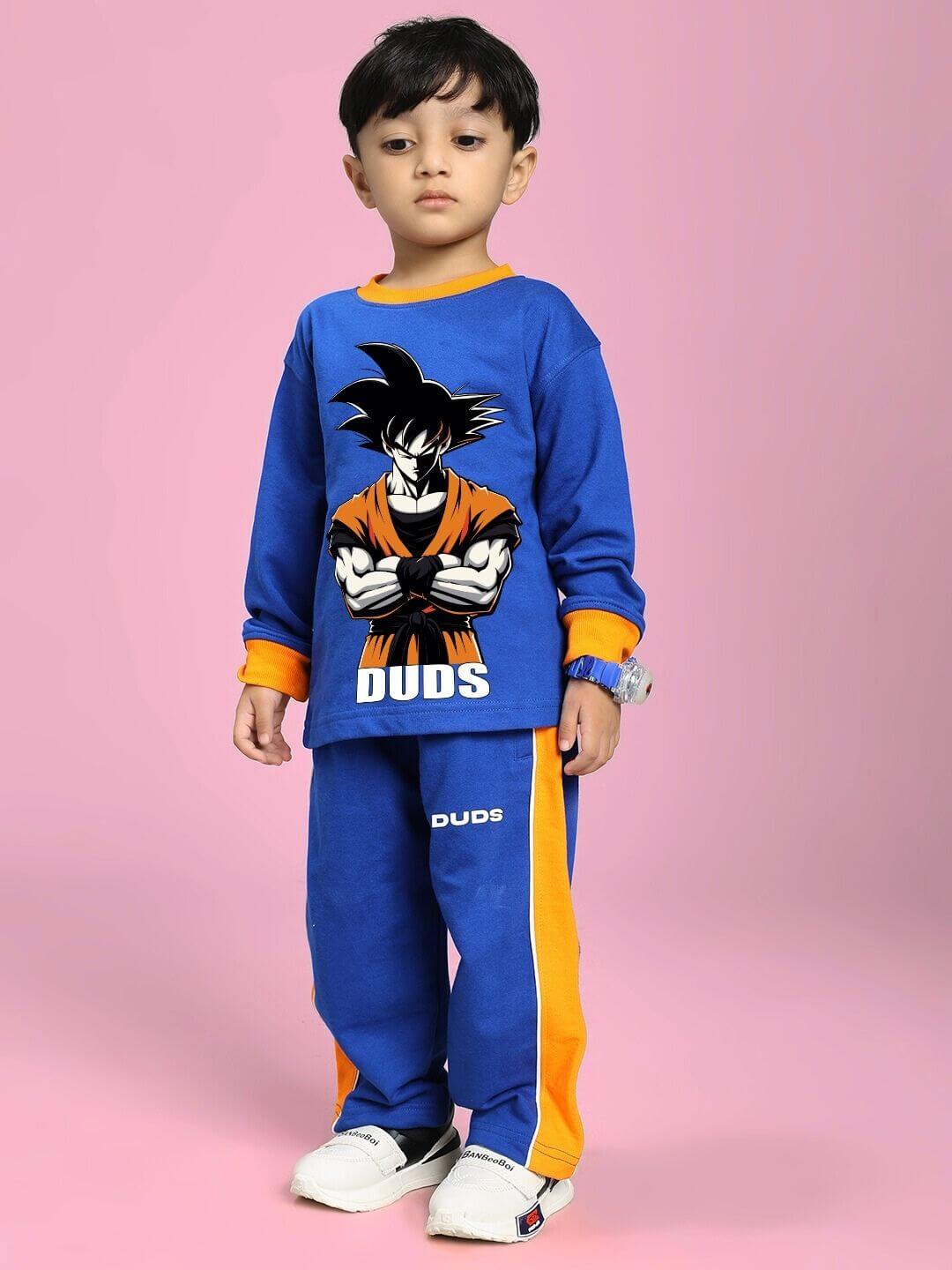 Child wearing SUPER SAIYAN CO-ORD SET FOR BOYS AND GIRLS BLUE, featuring vibrant design on sweatshirt and joggers, perfect for active play.
