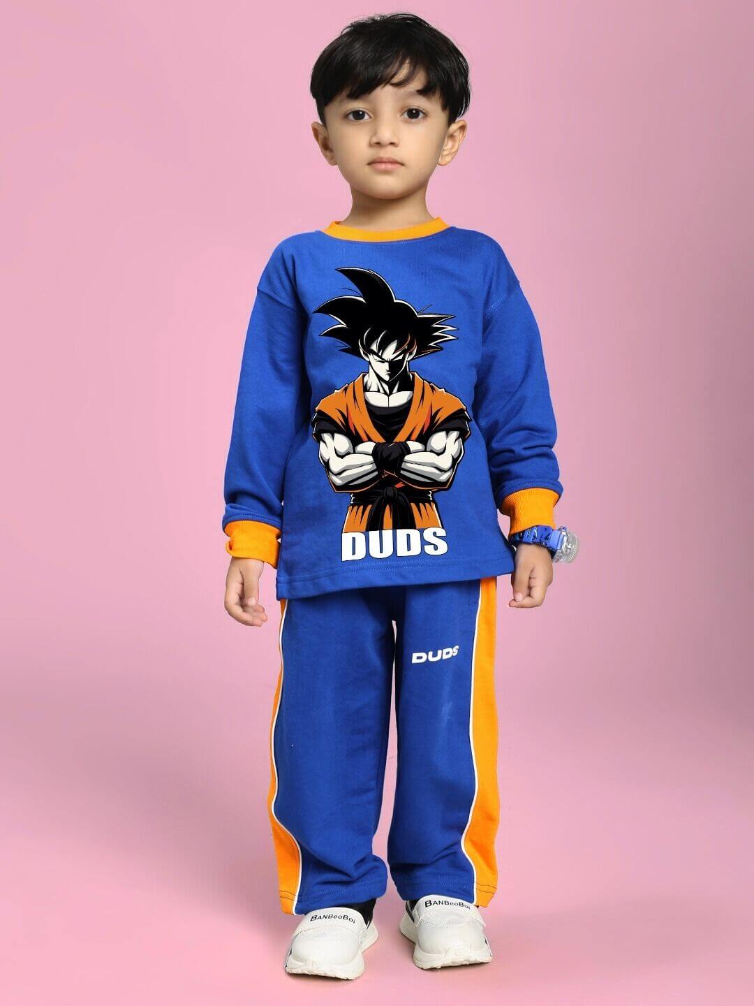 Child wearing SUPER SAIYAN CO-ORD SET FOR BOYS AND GIRLS BLUE with vibrant print and comfortable fit for active play.