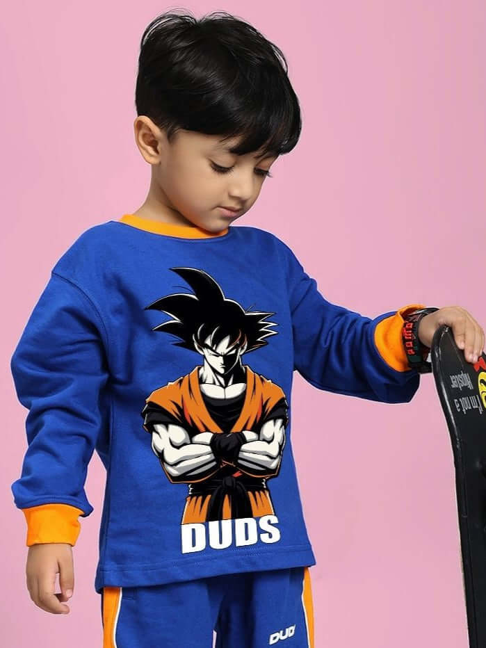 Child wearing Super Saiyan Sweatshirt for Boys and Girls Blue with vibrant graphic.
