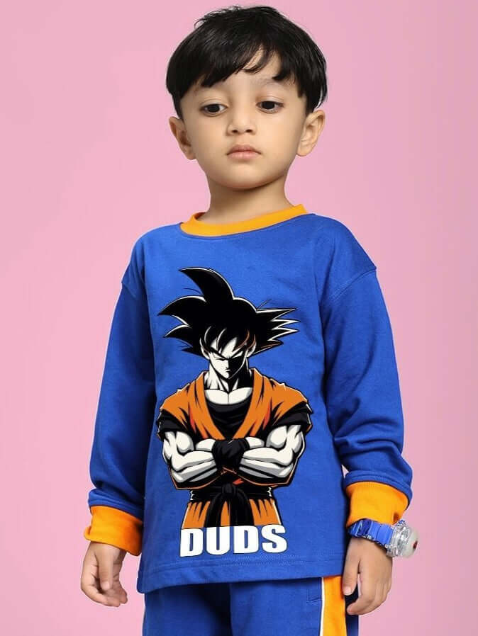 Child wearing a Super Saiyan Sweatshirt for Boys and Girls Blue with vibrant graphic.