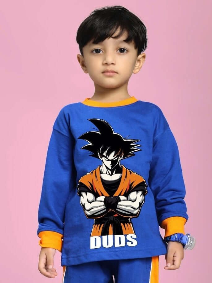 Child wearing Super Saiyan Sweatshirt for Boys and Girls Blue with vibrant anime graphic design.