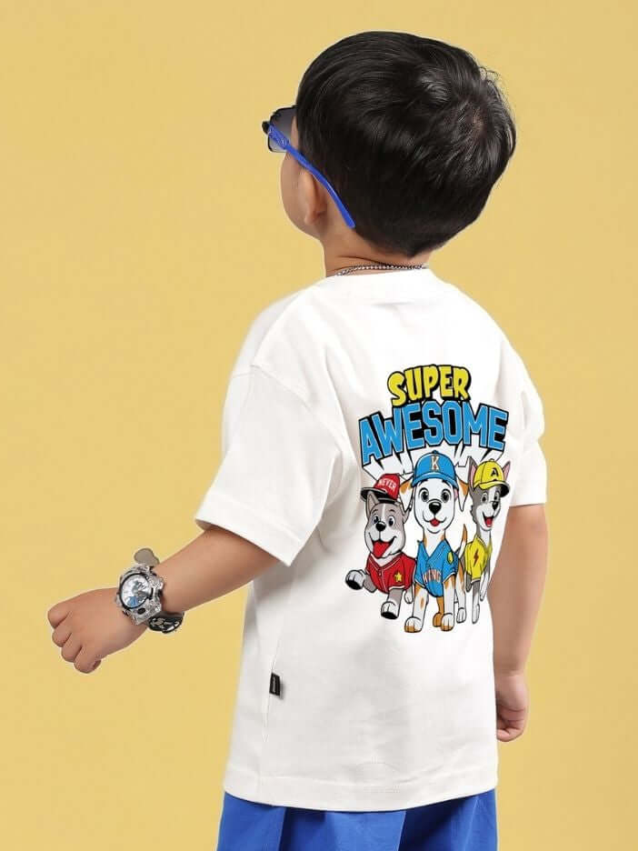 Child wearing SUPER AWESOME T-SHIRT FOR BOYS AND GIRLS OFF WHITE with a cartoon design on the back, perfect for stylish kids.