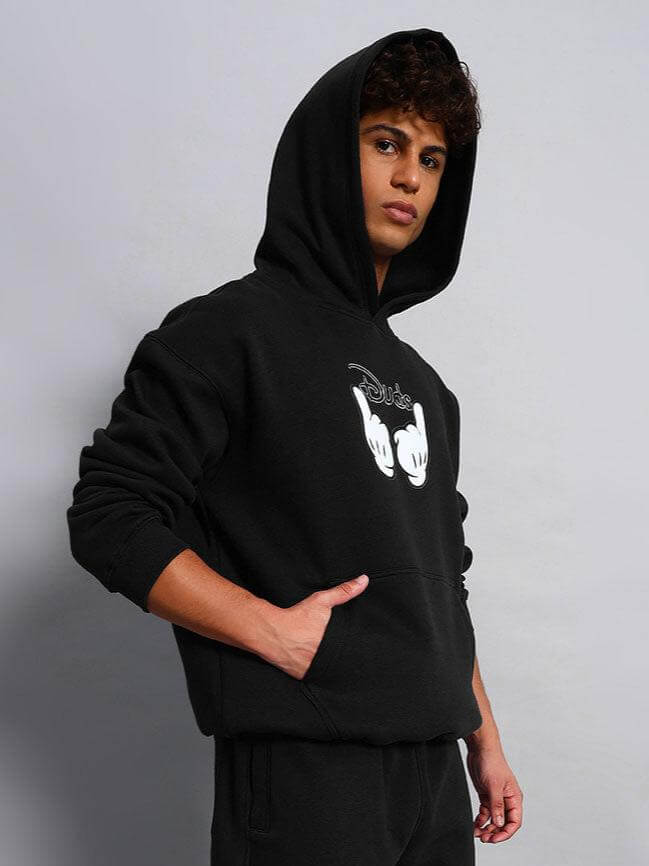Man wearing WEARDUDS SUPREME FLEECE HOODIE BLACK with casual style, made to order.