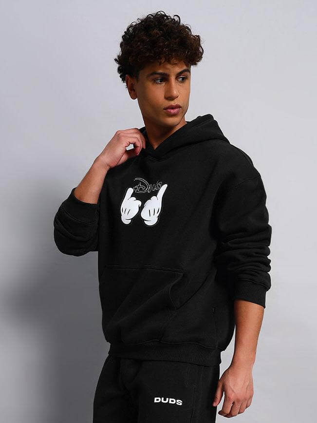 WEARDUDS SUPREME FLEECE HOODIE BLACK worn by model, featuring custom graphic, and available for custom size.