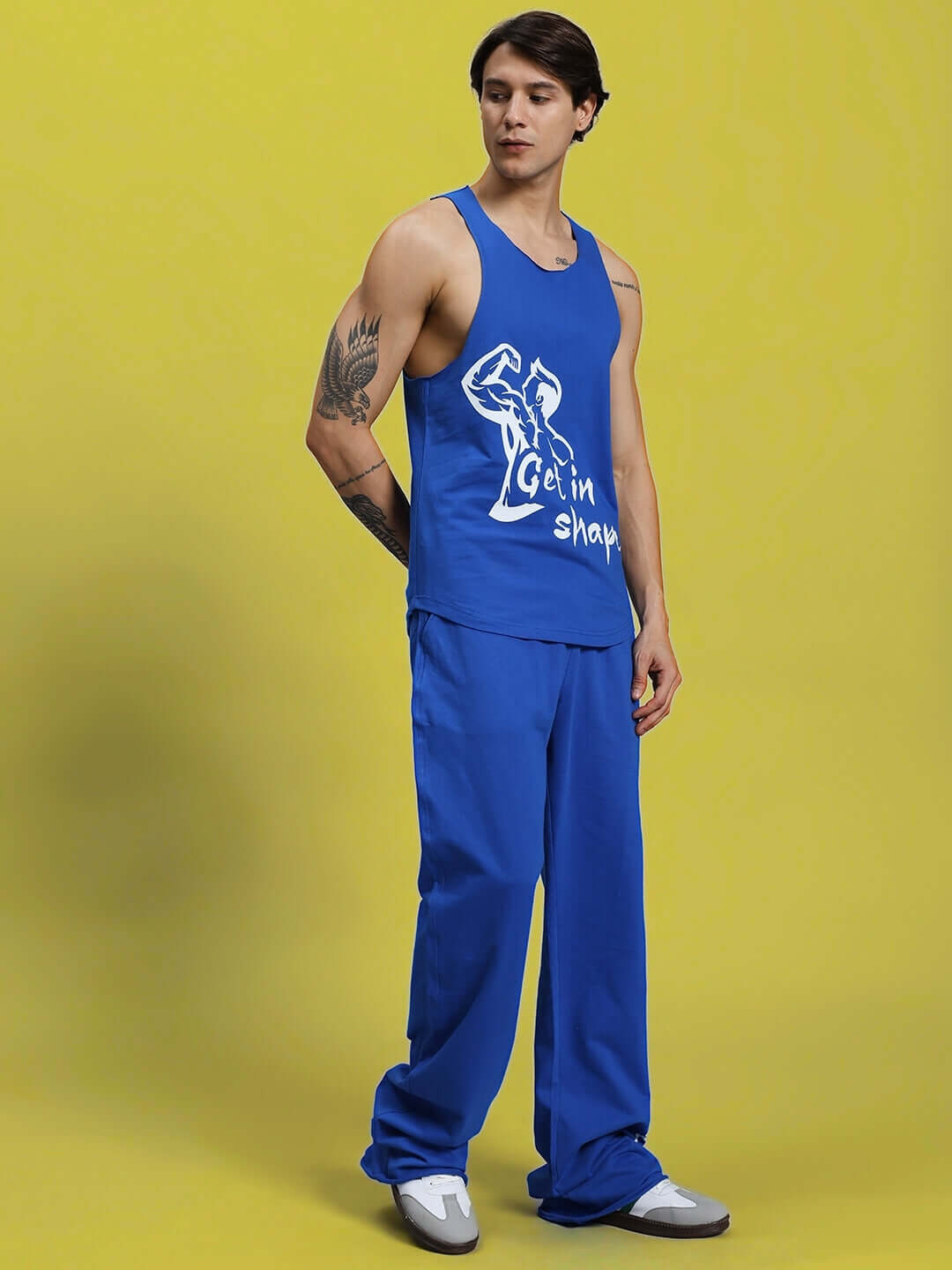 Model wearing SWIFT RELAXED FIT CO-ORD SET ROYAL BLUE, showcasing casual and stylish comfort.