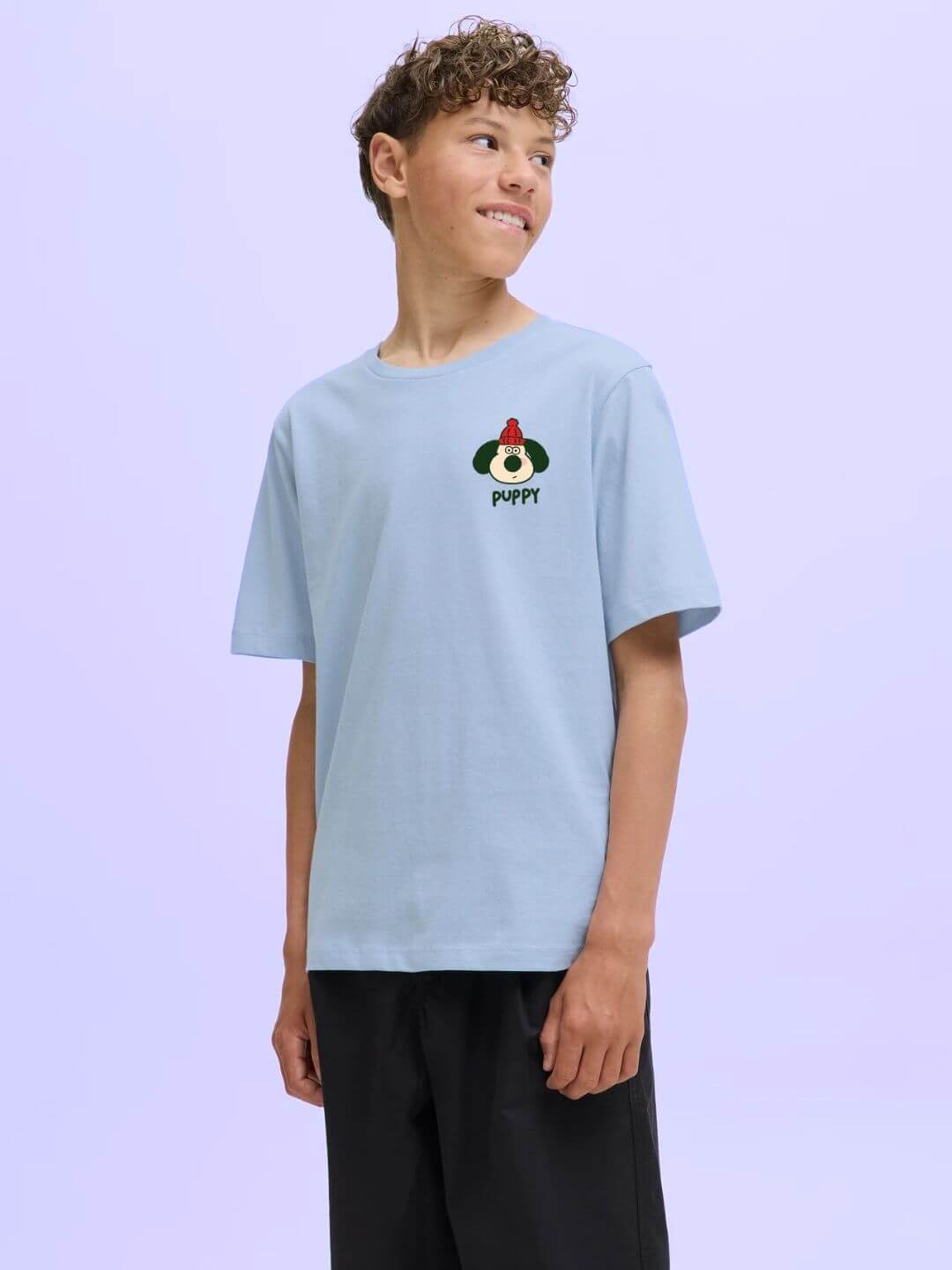 TADDY PUPPY T-SHIRT FOR BOYS AND GIRLS SKY BLUE featuring cute puppy design, worn by a smiling child, perfect for fun and fashion.