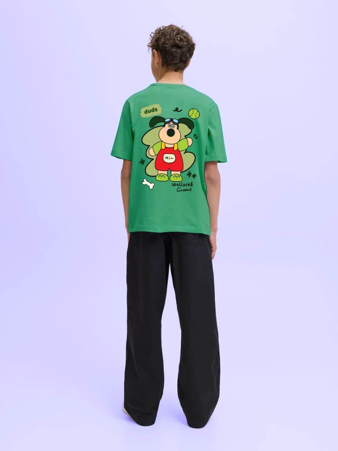 Back view of TADDY PUPPY T-SHIRT FOR BOYS AND GIRLS GREEN with a cute dog print.