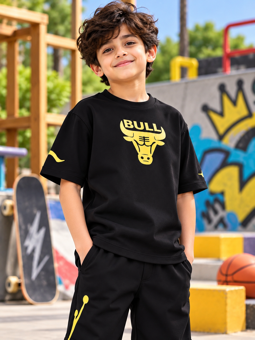 TAURUS OVER-SIZED T-SHIRT FOR BOYS GIRLS BLACK with bull graphic, stylish kids streetwear for playground fun