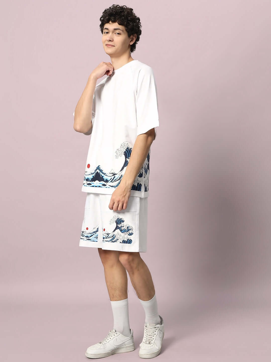 Model wearing 'The Great Wave' printed white co-ord set with premium cotton fabric, featuring traditional wave design and comfortable fit.