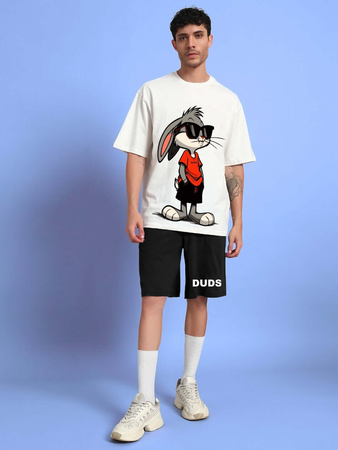 THINK BIG BUNNY TOONS CO-ORD SET in off-white and black, featuring a cartoon graphic. Premium cotton fabric, casual wear, made in India.