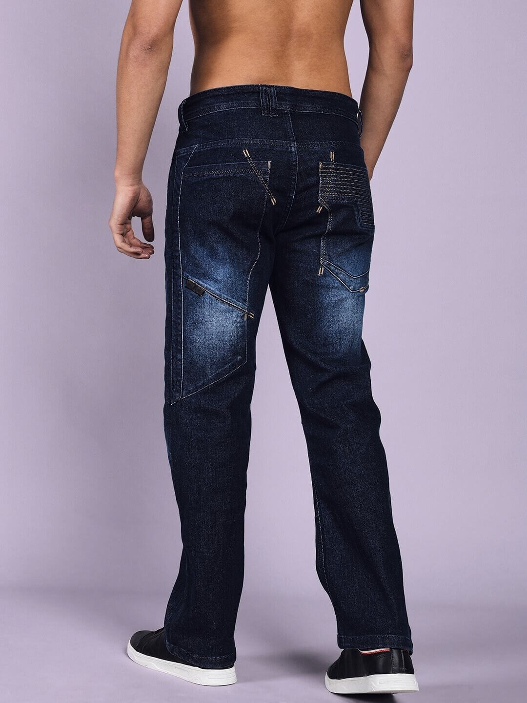 Back view of Thrifty Regular Fit Denim Jeans in dark blue, showcasing detailed stitching, designed by DUDS.