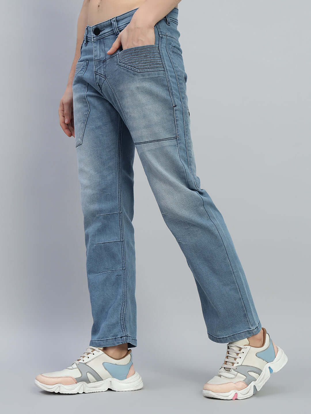 Thrifty Regular Fit Denim Jeans in Blue worn by model, showcasing tailored fit and style with customizable size options.