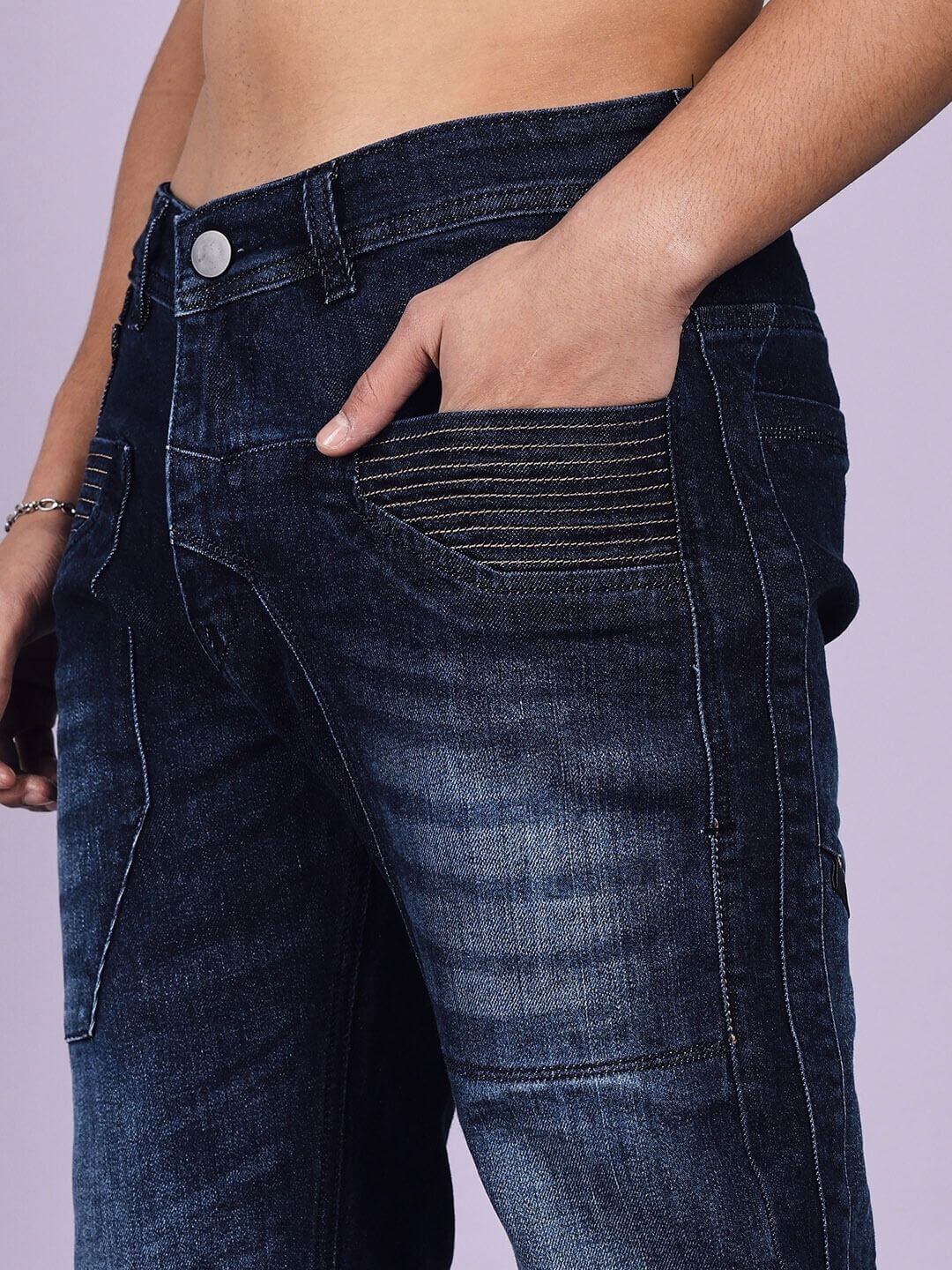 Close-up of Thrifty Regular Fit Denim Jeans in dark blue with front pocket detail, showcasing high-quality tailoring by DUDS.