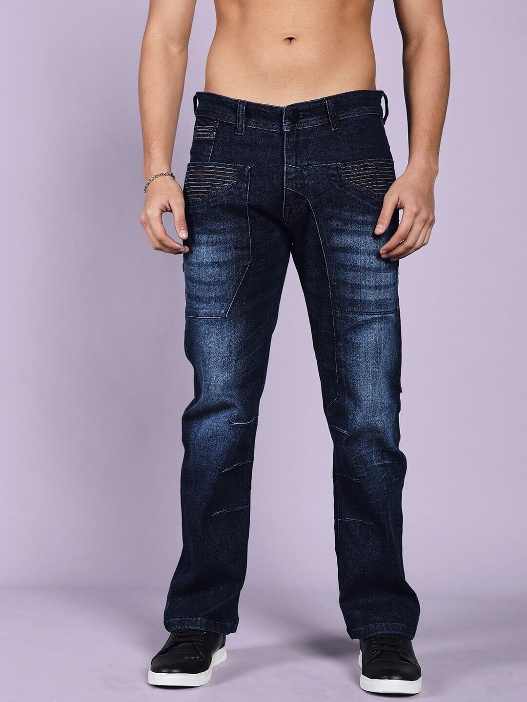 Thrifty Regular Fit Dark Blue Denim Jeans modeled, showcasing custom fit options by DUDS, with a focus on craftsmanship.