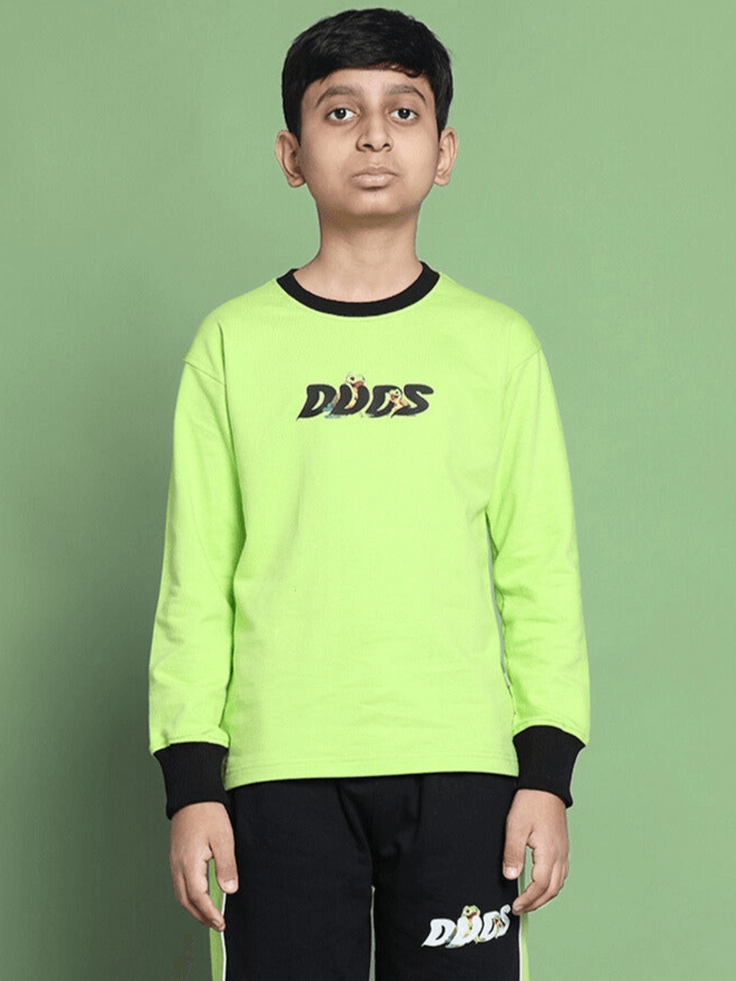 Child wearing TILLY OVERSIZED SWEATSHIRT FOR BOYS GIRLS NEON GREEN in front of a green background